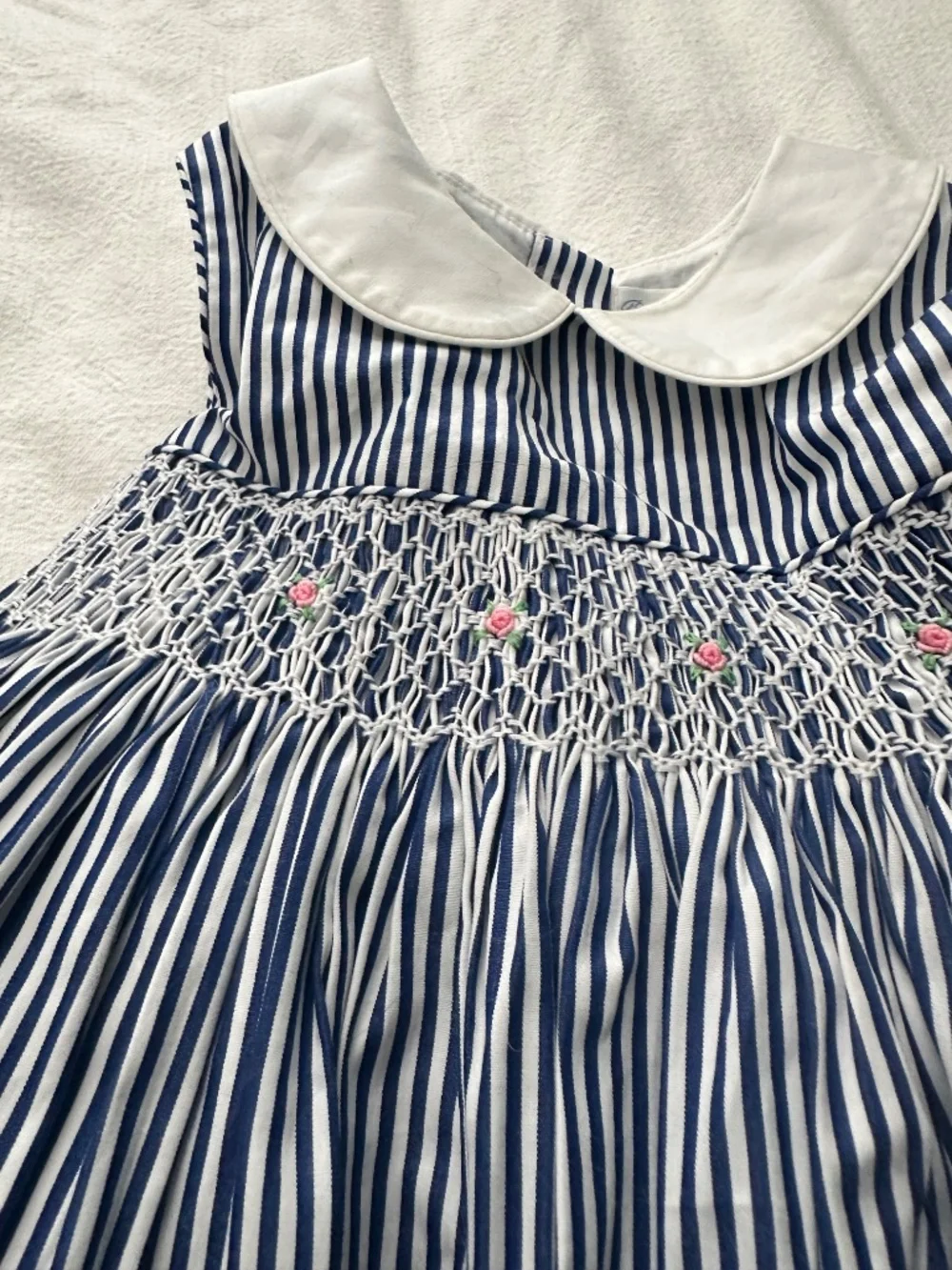 Ralph Lauren 18M Blue White Smocked Rose Dress + Bloomers (can fit 12-24 imo)